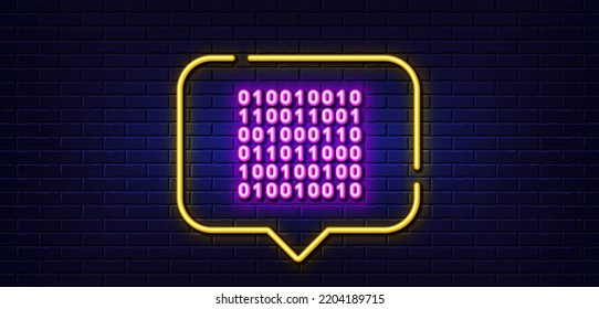 Neon light speech bubble. Binary code line icon. Computer machine code sign. Computing data symbol. Neon light background. Binary code glow line. Brick wall banner. Vector