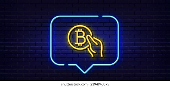 Neon light speech bubble. Bitcoin pay line icon. Cryptocurrency coin sign. Crypto money symbol. Neon light background. Bitcoin pay glow line. Brick wall banner. Vector