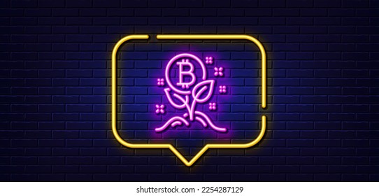Neon light speech bubble. Bitcoin line icon. Cryptocurrency startup sign. Crypto leaf symbol. Neon light background. Bitcoin project glow line. Brick wall banner. Vector