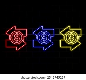 Neon light speech bubble. Bitcoin exchange line icon. Cryptocurrency coin sign. Dollar money symbol. Neon light background. Bitcoin exchange glow line. Brick wall banner. Vector.
