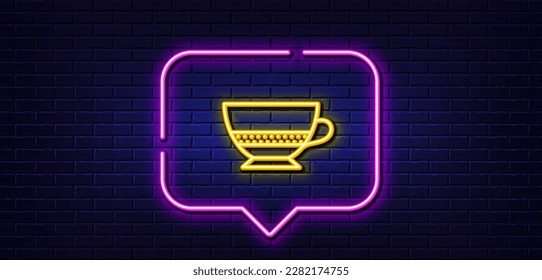 Neon light speech bubble. Bombon coffee icon. Hot drink sign. Beverage symbol. Neon light background. Bombon coffee glow line. Brick wall banner. Vector