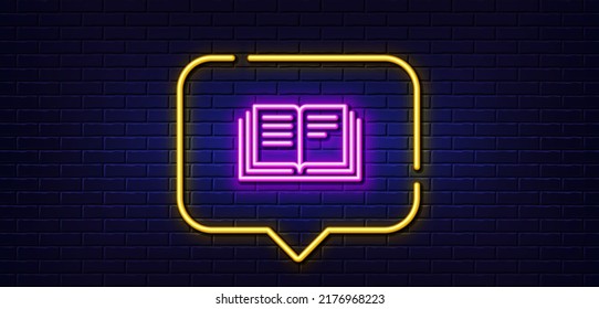 Burbuja de habla de luz neón. Icono de línea de libro. Símbolo de educación. Señal de instrucción o e-learning. Fondo neón de luz. La educación resplandece la línea. Banner de pared de ladrillo. Vector