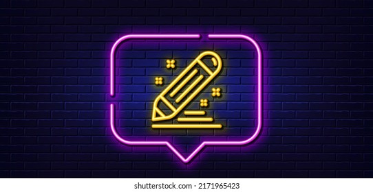 Neon light speech bubble. Brand contract line icon. Pencil sign. Edit social marketing report symbol. Neon light background. Brand contract glow line. Brick wall banner. Vector