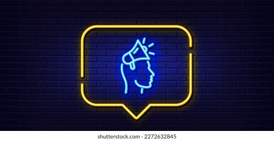 Neon light speech bubble. Brand ambassador line icon. Megaphone sign. Advertisement device symbol. Neon light background. Brand ambassador glow line. Brick wall banner. Vector