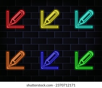 Neon light speech bubble. Brand contract line icon. Pencil sign. Edit social marketing report symbol. Neon light background. Brand contract glow line. Brick wall banner. Vector. red. yellow, blue, pin