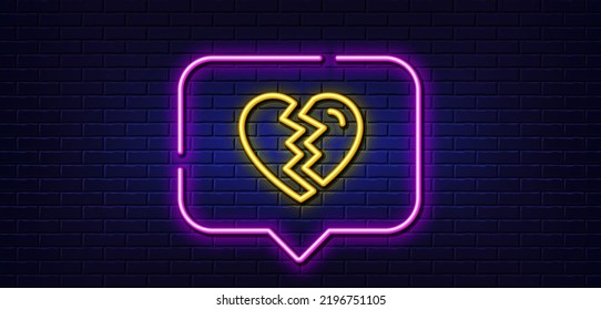 Neon Light Speech Bubble. Break Up Love Line Icon. Divorce Sign. Valentines Day Symbol. Neon Light Background. Break Up Glow Line. Brick Wall Banner. Vector