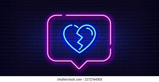 Neon light speech bubble. Broken heart line icon. Love crush sign. Divorce symbol. Neon light background. Broken heart glow line. Brick wall banner. Vector