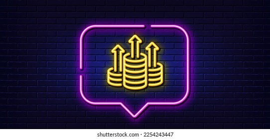 Burbuja de habla de luz neón. Icono de línea de presupuesto. Señal de ganancia de dinero. Símbolo de ganancia de moneda de efectivo. Fondo neón de luz. Línea de brillo del presupuesto. Banner de pared de ladrillo. Vector