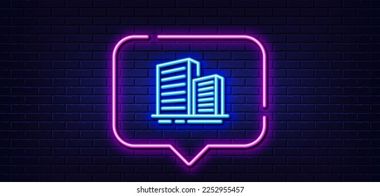 Neon light speech bubble. Buildings line icon. City architecture sign. Skyscraper building symbol. Neon light background. Buildings glow line. Brick wall banner. Vector