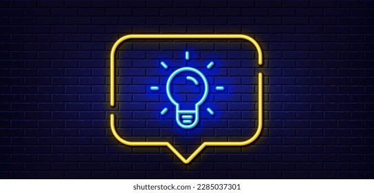 Neon light speech bubble. Light Bulb line icon. Lamp sign. Idea, Solution or Thinking symbol. Neon light background. Light bulb glow line. Brick wall banner. Vector