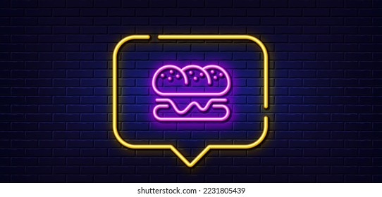 Burbuja de habla de luz neón. Icono de línea de hamburguesa. Señal de comida rápida. Símbolo sandwich de hamburguesa. Fondo neón de luz. Línea de brillo de la hamburguesa. Banner de pared de ladrillo. Vector