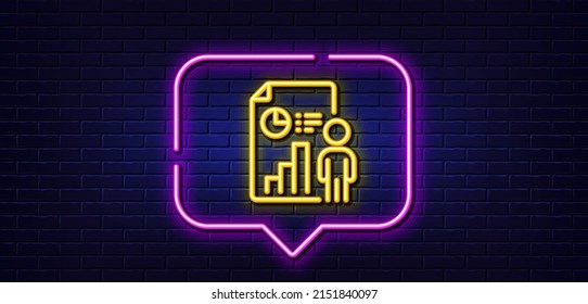 Neon light speech bubble. Business report line icon. Employee results sign. Organization statistics symbol. Neon light background. Business report glow line. Brick wall banner. Vector