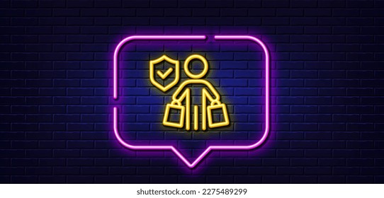 Neon light speech bubble. Buyer insurance hand line icon. Risk coverage sign. Shopping protection symbol. Neon light background. Buyer insurance glow line. Brick wall banner. Vector