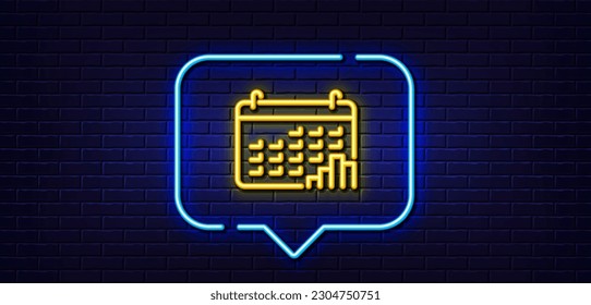 Neon Light-Sprechblase. Kalenderdiagramm-Zeilensymbol. Spaltenbeschriftung. Symbol für Wachstumskurve. Neoner heller Hintergrund. Kalendergrafikglühlinie. Brick-Wand-Banner. Vektorgrafik
