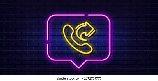 Burbuja de habla de luz neón. Icono de línea de servicio del centro de llamadas. Compartir el signo de llamada telefónica. Símbolo de retroalimentación. Fondo neón de luz. Compartir la línea de brillo de llamada. Banner de pared de ladrillo. Vector