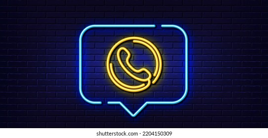 Neon light speech bubble. Call center service line icon. Phone support sign. Feedback symbol. Neon light background. Call center glow line. Brick wall banner. Vector