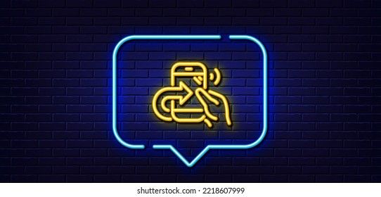 Neon light speech bubble. Call center service line icon. Share phone call sign. Feedback symbol. Neon light background. Share call glow line. Brick wall banner. Vector