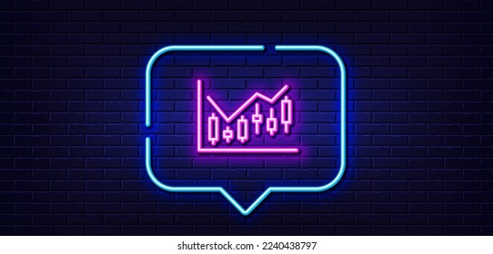 Neon light speech bubble. Candlestick chart line icon. Financial graph sign. Stock exchange symbol. Business investment. Neon light background. Financial diagram glow line. Brick wall banner. Vector