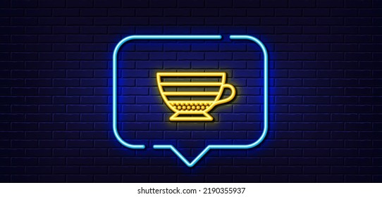 Neon light speech bubble. Cappuccino coffee icon. Hot drink sign. Beverage symbol. Neon light background. Cappuccino glow line. Brick wall banner. Vector
