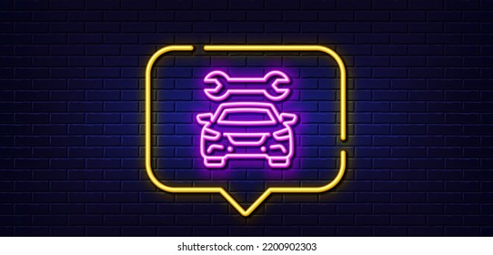 Burbuja de habla de luz neón. Icono de línea de servicio de automóvil. Señal de reparación automática. Símbolo del servicio de garaje. Fondo neón de luz. Línea de resplandor de auto. Banner de pared de ladrillo. Vector