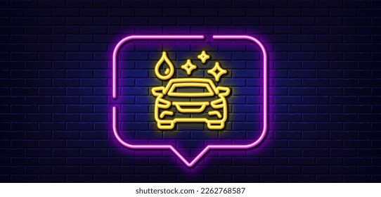 Neon light speech bubble. Car wash line icon. Clean auto sign. Shiny transport symbol. Neon light background. Car wash glow line. Brick wall banner. Vector