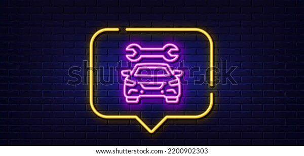 Neon light speech bubble. Car service\
line icon. Auto repair sign. Garage service symbol. Neon light\
background. Car glow line. Brick wall banner.\
Vector