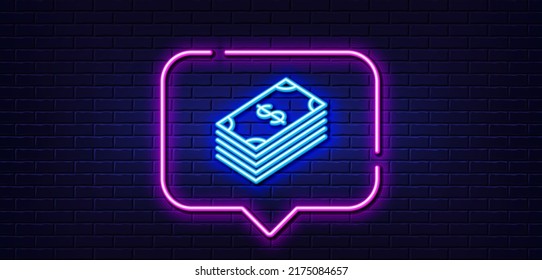 Neon Light-Sprechblase. Symbol für Geldautomaten. Bankzeichen. Dollar- oder USD-Symbol. Neoner heller Hintergrund. Dollar-Glühlinie. Brick-Wand-Banner. Vektorgrafik