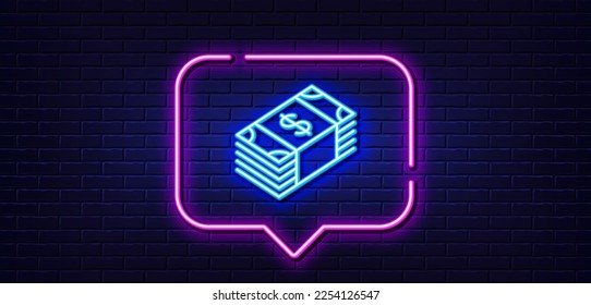 Burbuja de habla de luz neón. Icono de línea de dinero en efectivo. Signo de moneda bancaria. Símbolo dólar o USD. Fondo neón de luz. Línea de brillo de la moneda estadounidense. Banner de pared de ladrillo. Vector