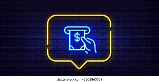 Burbuja de habla de luz neón. Icono de línea de dinero en efectivo. Signo de moneda bancaria. Símbolo dólar o USD. Servicio de cajero automático. Fondo neón de luz. Línea de brillo del servicio ATM. Banner de pared de ladrillo. Vector