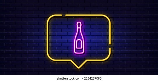 Neon light speech bubble. Champagne bottle line icon. Anniversary alcohol sign. Celebration event drink. Neon light background. Champagne glow line. Brick wall banner. Vector