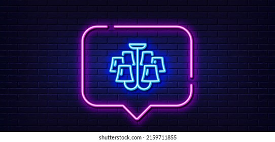 Neon light speech bubble. Chandelier line icon. Ceiling lamp sign. Interior illuminate light symbol. Neon light background. Chandelier glow line. Brick wall banner. Vector