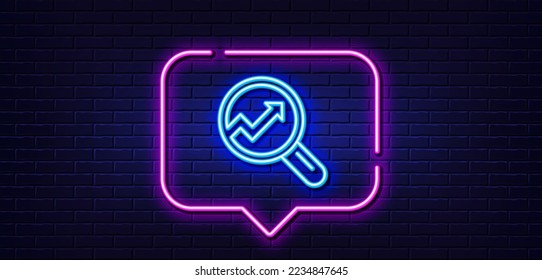 Neon light speech bubble. Chart line icon. Report graph or Sales growth sign in Magnifying glass. Analysis and Statistics data symbol. Neon light background. Analytics glow line. Vector