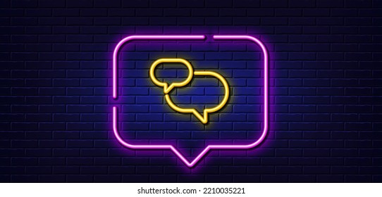 Neon light speech bubble. Chat comment line icon. Speech bubble sign. Social media message symbol. Neon light background. Chat message glow line. Brick wall banner. Vector