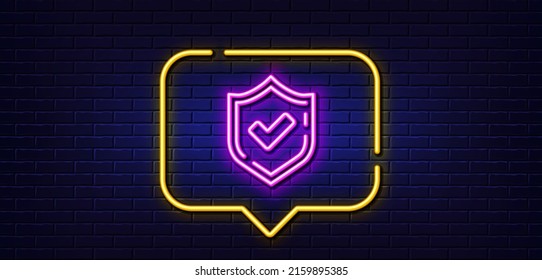 Burbuja de habla de luz neón. Marcar icono de línea. Firma aceptada o Aprobar. Símbolo de escudo de marca. Fondo neón de luz. Línea de brillo confirmada. Banner de pared de ladrillo. Vector