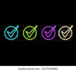 Neon light speech bubble. Check line icon. Approved Tick sign. Confirm, Done or Accept symbol. Neon light background. Tick glow line. Brick wall banner. Vector.