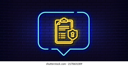 Neon light speech bubble. Checklist line icon. Privacy policy document sign. Neon light background. Privacy policy glow line. Brick wall banner. Vector