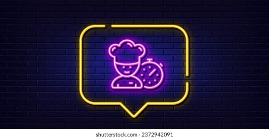 Neon light speech bubble. Chef time line icon. Chief-cooker sign. Food timer symbol. Neon light background. Chef glow line. Brick wall banner. Vector