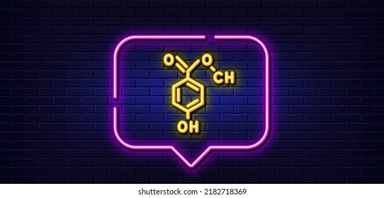 Neon light speech bubble. Chemical formula line icon. Chemistry lab sign. Analysis symbol. Neon light background. Chemical formula glow line. Brick wall banner. Vector