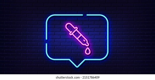 Neon light speech bubble. Chemistry pipette line icon. Laboratory sign. Analysis lab symbol. Neon light background. Chemistry pipette glow line. Brick wall banner. Vector