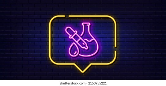 Neon Light-Sprechblase. Chemie Experiment Linie Symbol. Laborflasenzeichen. Symbol für Analysepipette. Neoner heller Hintergrund. Chemieexperimentelle Glühlinie. Brick-Wand-Banner. Vektorgrafik