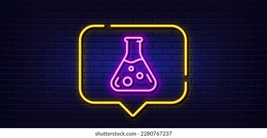 Neon light speech bubble. Chemistry lab line icon. Laboratory flask sign. Analysis symbol. Neon light background. Chemistry lab glow line. Brick wall banner. Vector