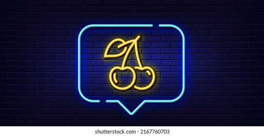 Neon Light-Sprechblase. Kirschzeilensymbol. Obsternährungszeichen. Ernährungszeichen. Neoner heller Hintergrund. Kirschblume. Brick-Wand-Banner. Vektorgrafik