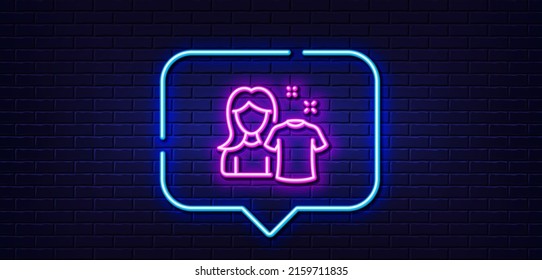 Neon light speech bubble. Clean shirt line icon. Laundry tshirt sign. Clothing cleaner symbol. Neon light background. Clean shirt glow line. Brick wall banner. Vector