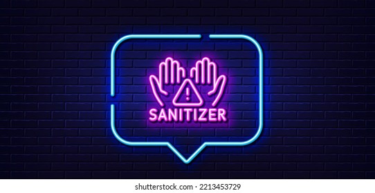Neon light speech bubble. Clean hands line icon. Sanitary cleaning sign. Washing hands symbol. Neon light background. Clean hands glow line. Brick wall banner. Vector