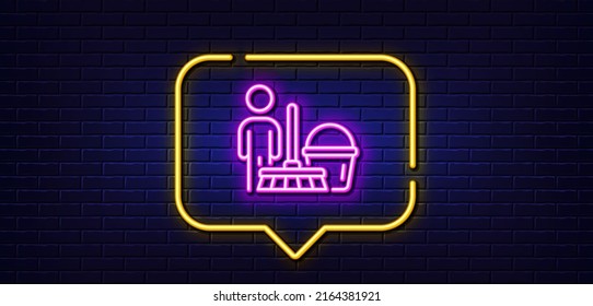 Neon light speech bubble. Cleaning line icon. Household service sign. Professional cleaner symbol. Neon light background. Cleaning glow line. Brick wall banner. Vector