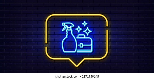 Burbuja de habla de luz neón. Icono de la línea de aerosol de limpieza. Líquido de lavado o símbolo del limpiador. Cartel del servicio de limpieza. Fondo neón de luz. Línea de brillo de pulverización más limpia. Banner de pared de ladrillo. Vector