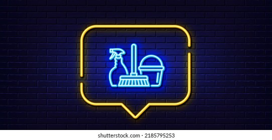 Neon light speech bubble. Cleaning service line icon. Spray, bucket and mop symbol. Housekeeping equipment sign. Neon light background. Household service glow line. Brick wall banner. Vector