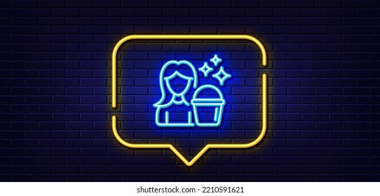Neon light speech bubble. Cleaning service line icon. Woman with Bucket symbol. Washing Housekeeping equipment sign. Neon light background. Cleaning glow line. Brick wall banner. Vector