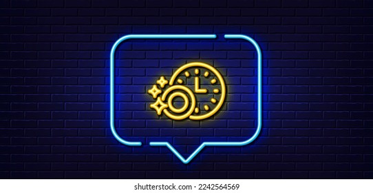Neon light speech bubble. Cleaning dishes with Time line icon. Dishwasher sign. Clean tableware sign. Neon light background. Dishwasher timer glow line. Brick wall banner. Vector