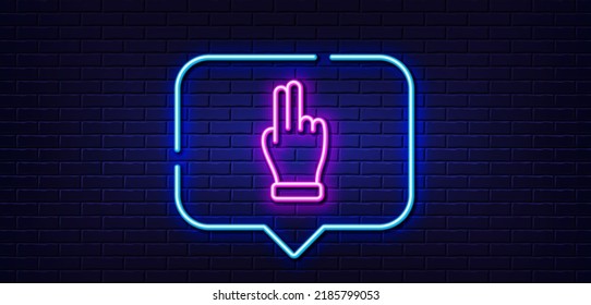Burbuja de habla de luz neón. Haga clic en el icono de la línea de mano. Signo de palma de dos dedos. Símbolo gesto. Fondo neón de luz. Haga clic en la línea de brillo de la mano. Banner de pared de ladrillo. Vector